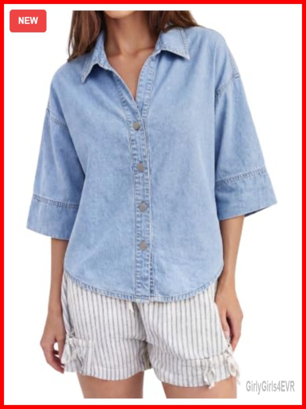 Women's Oversized Button Down Denim Shirt 3/4 Sleeve Chambray Top